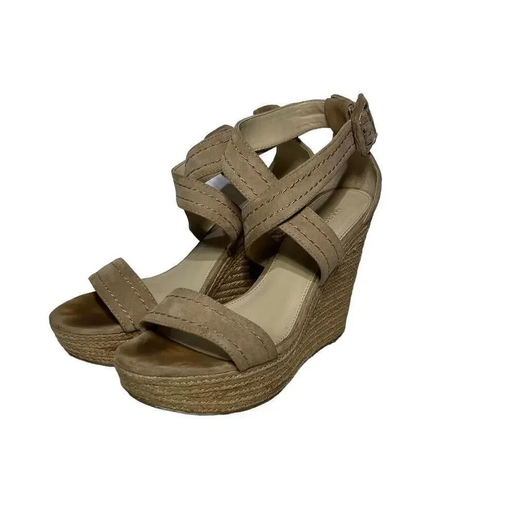 Marc Fisher Haely Nude Beige Suede Wedge Heel Espadrille Sandal Shoes Size 8
